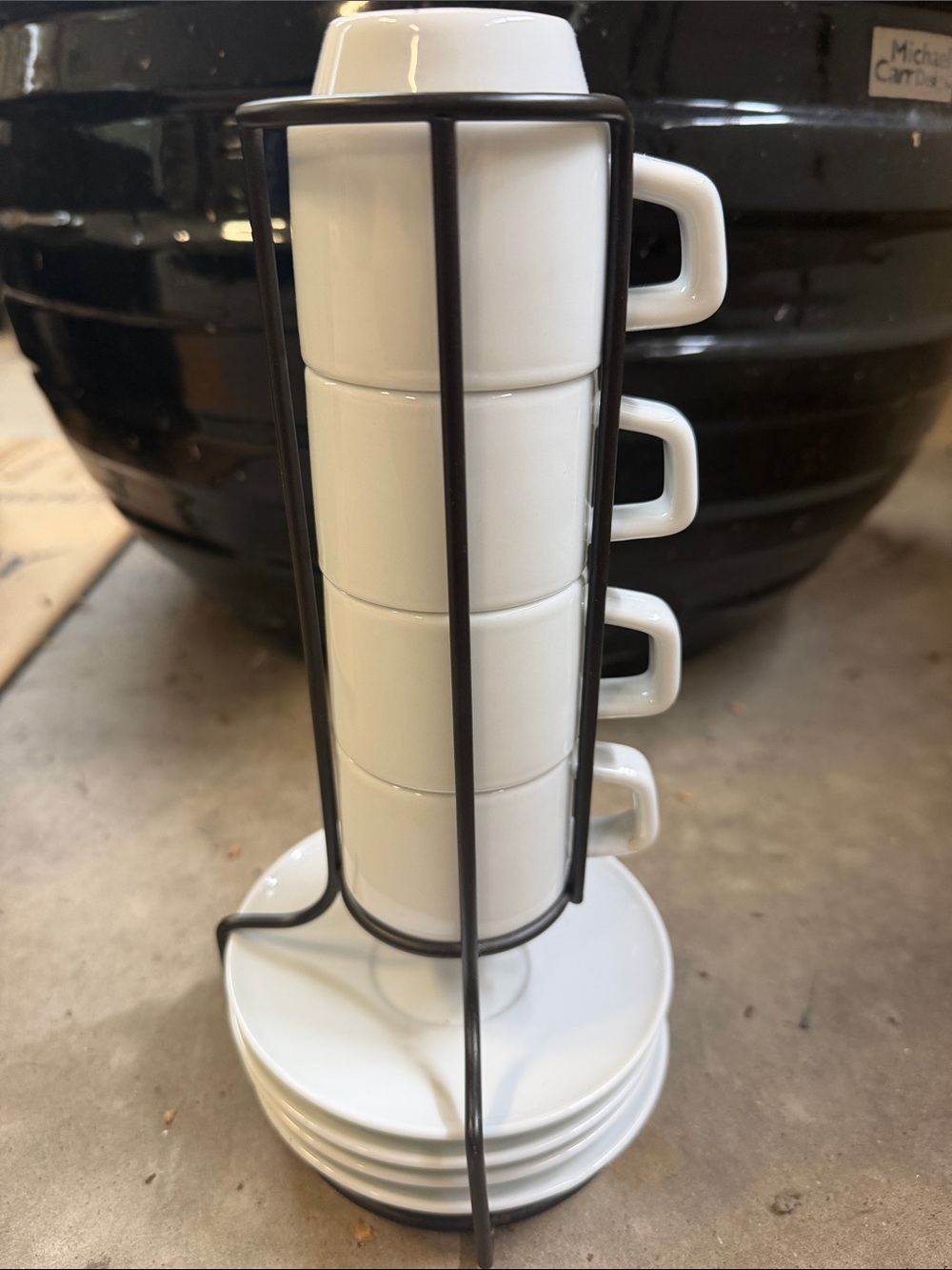 SMITH White Espresso Cup and Saucer Tower with Black Metal Holder